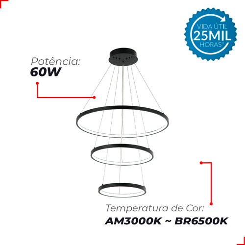 Luminaria Pendente Led Alice 60w Com Seleção de temperatura Quente/Neutro/Frio Preto Cod: 589188070 Avant