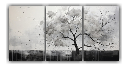 120x60cm Set 3 Lienzos Árbol En Negro Y Plata Bastidor Made