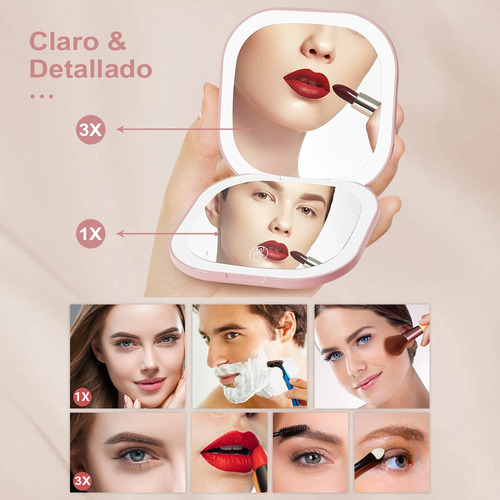 Espejo Mano Mini Led Espejo Maquillaje 3 Tonos Color Ajustab Negro