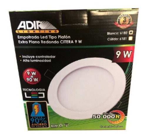 10pz Lámpara Led Empotrable Plafón Redondo 9w Adir Luz Fria Color Blanco