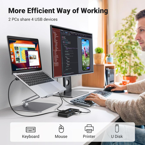 Interruptor Kvm Ugreen, Usb 3.0, P/ 2 Computadoras, Negro