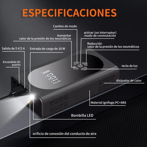 Arrancador Baterías Cargador De Auto Coche Portátil Inflable 6000a Con Inflador 150psi Negro