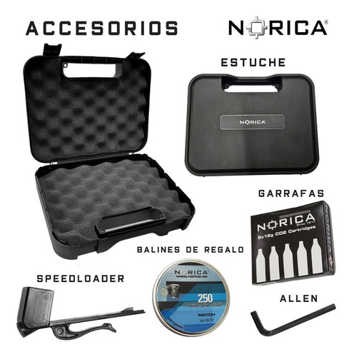 Imagen 2 de 10 de Pistola Co2 Norica Full Metal Plomo 4,5 Estuche Accesorios