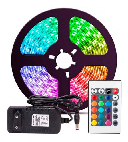 Imagen 1 de 6 de Pack Tiktok: Cinta Led Colores 5mt + Control Rgb + Adaptador