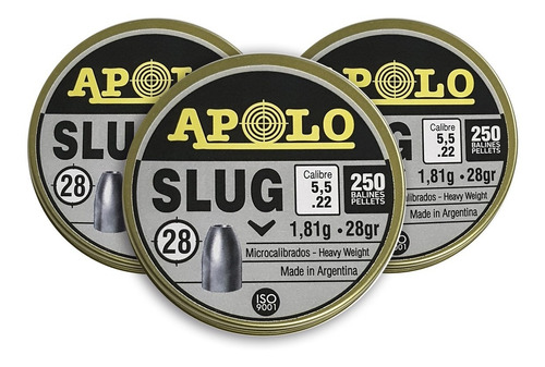 Imagen 3 de 10 de Balines Apolo Slug X250 5.5 Mm - Punta Solida Hueca 28 Gr