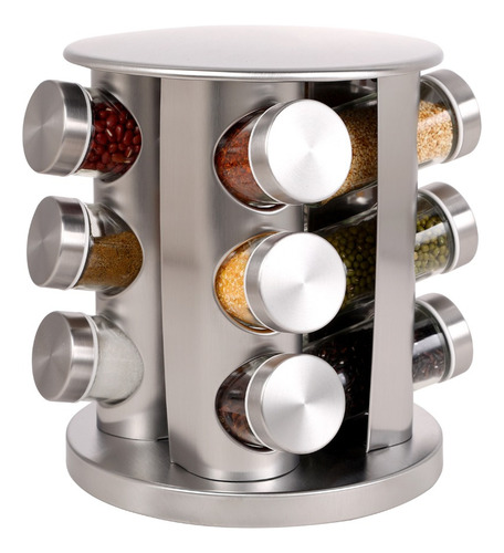 Porta Tempero Giratório 360 Com 12 Potes Vidro Suporte Inox
