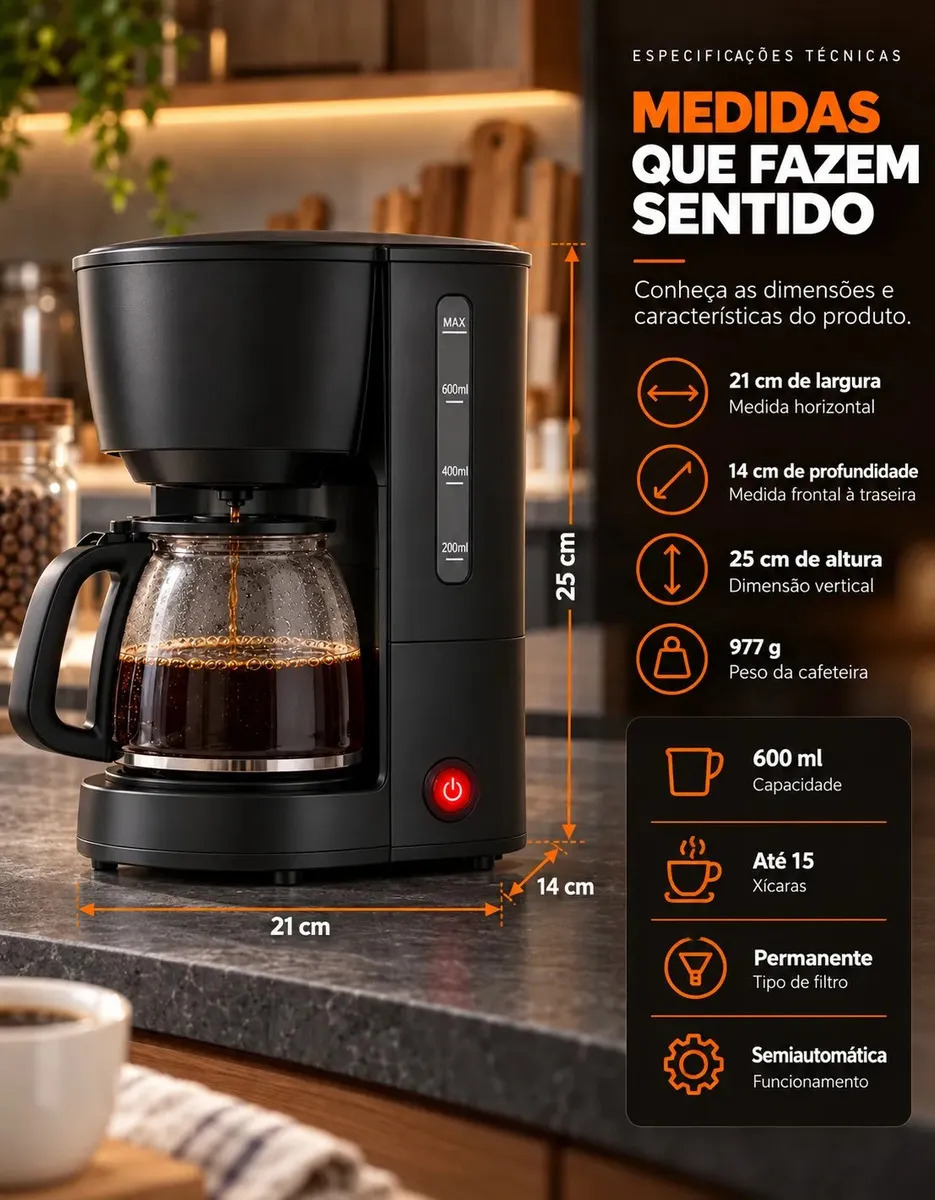 Cafeteira Elétrica 15 Xícaras 600ml Com Filtro Permanente Sistema Corta-pingos E Base Aquecedora Para Café Casa Escritório Cozinha Viacruz Preto 220v