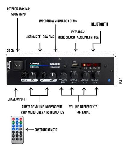 Kit Som Ambiente Amplificador Rc7000 + 2 Sp400 60wrms
