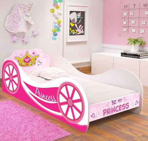 Cama Solteiro Carruagem Princesa Rosa Com Colchão Menina Cor Princess