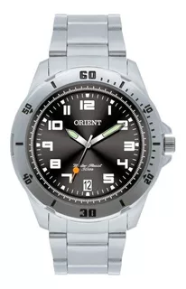 Relógio de pulso Orient MBSS1155A com corpo prata, analógico, para masculino, fundo preto, com correia de aço inoxidável cor prata, agulhas cor prata, verde e laranja, subdials de cor branco, pontei