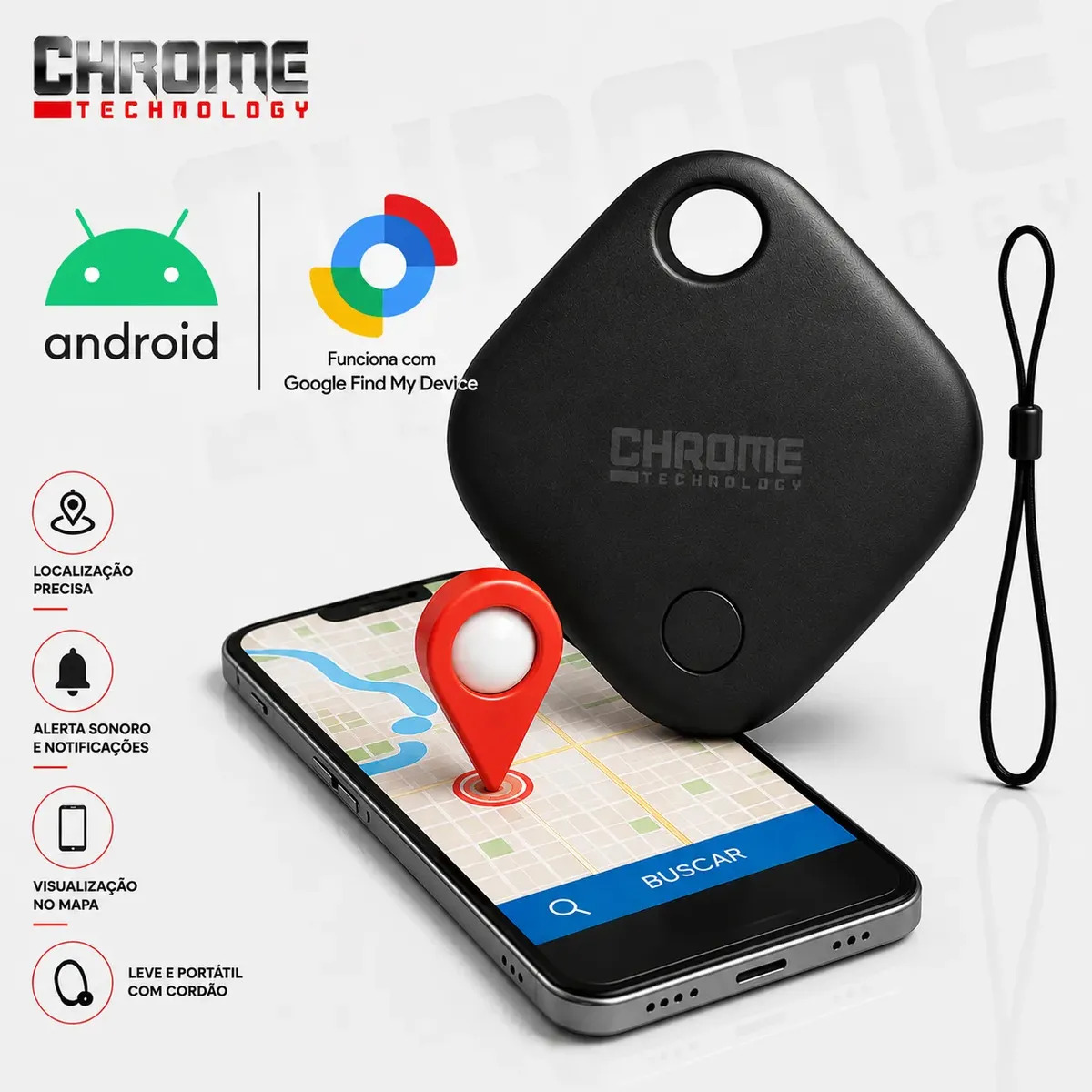 Mini Localizador Rastreador Smart Tag Gps Com Cordão Chaveiro Cor Preto Compatível Com Android Samsung Motorola Xiaomi Chrome Technology