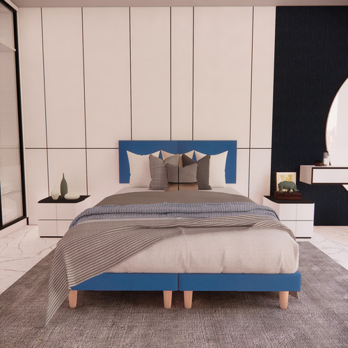 Recamara Base Cama Box Cabecera Praga Azul Matrimonial