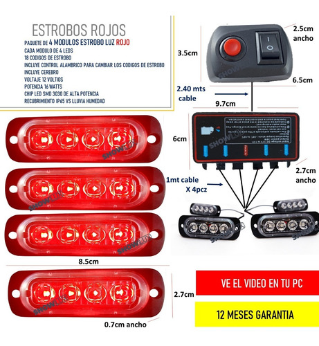 4 Barras Led Estrobo Rojo Con Control Y Modulo Inteligente