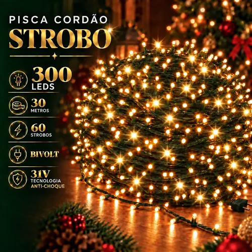 Strobo Natal 300 Leds Pisca Flash 30m Prova D'água Bivolt Branco Quente Strobo Quente Bivolt