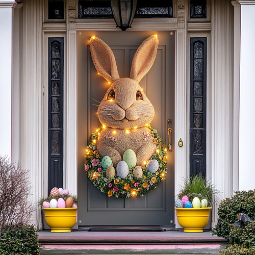 Cubierta Para Puerta De Pascua Con Corona De Conejito Tridim