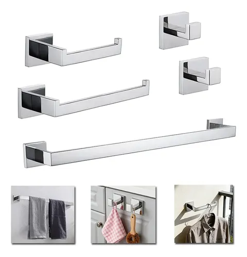 Kit Acessórios Para Banheiro 5 Peças Porta Toalha Inox Prateado