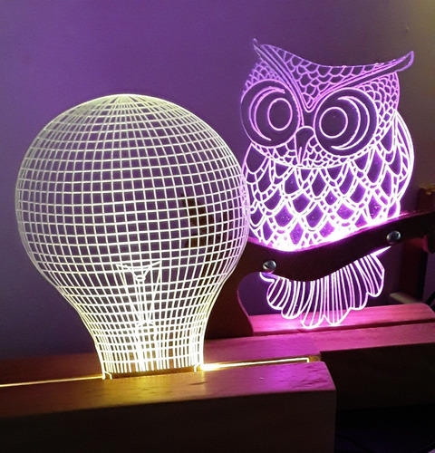 Imagen 3 de 4 de Lampara 3d Decorativa Led Buho Acrilico Color Calido
