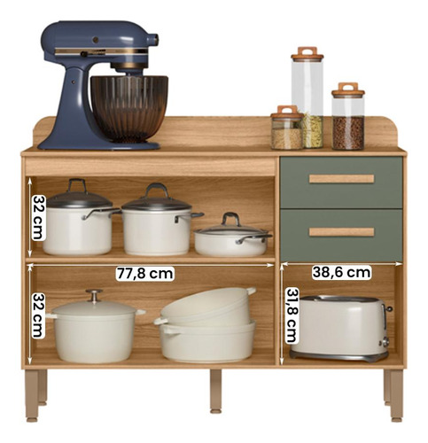 Balcão Para Cozinha Maria Flor Com 3 Portas E 2 Gavetas