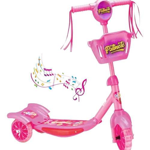 Patinete Infantil Menina Musical 3 Rodas Com Cestinho Luzes