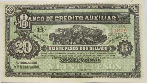 Tp 1887 Banco Crédito Aux. $20 Oro Sellado Impecable Estado.