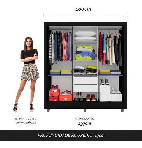 Guarda Roupa Casal Vivian 3 Portas Esp Maior Preto Fosco Cor Preto-fosco
