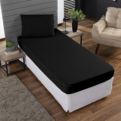 Jogo Roupa Cama Lençol Solteiro 400 Fios 2 Peças Barra Hotel Cor Preto Desenho do tecido Liso