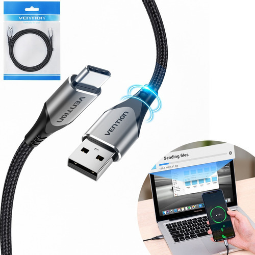 Cabo Vention USB 2.0 A tipo C, 1m, carregamento rápido, dados 3a, preto