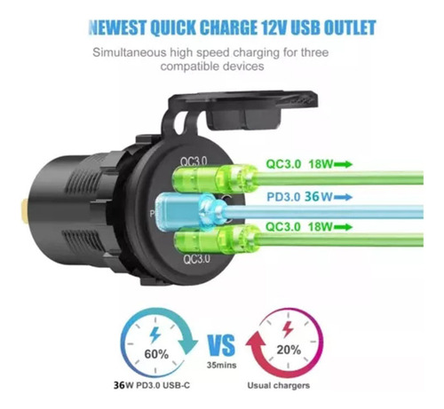Cargador Rápido Triple 1 Tipo C Y 2 Usb Qc 3.0 56w 12v - 24v