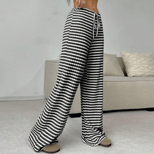 Calças Femininas, Moda Casual, Listrada, Elástica, Cordão, S
