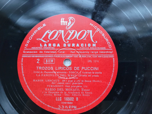 Mario Del Monaco Disco Vinilo Lp Verdi Y Puccini -- (Usado)