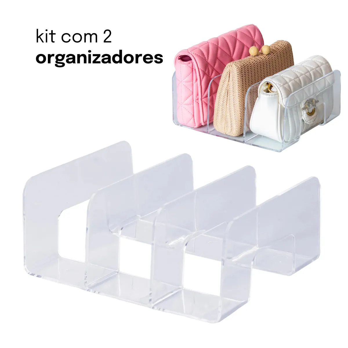 Kit 2 Organizadores Multi Suporte De Livros Cadernos Organizador de Bolsas Clutch Carteira Porta Sapatos 4 Divisórias Dimensão 24,5x20x10cm Versátil Espaço…