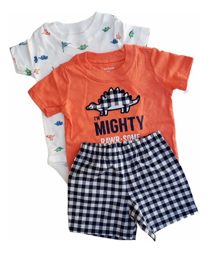 Conjunto Carters Nene Dinosaurio Remera Short Body Naranja