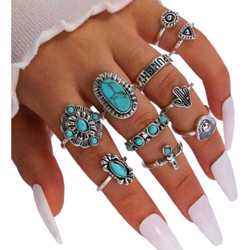 Juego De 10 Anillos Estilo Vaquero Para Dama Ajustables Turquesa Ajustable