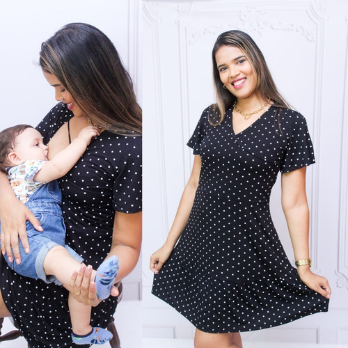 Imagem 1 de 6 de Vestido Decote V Transpassado Facilita Amamentação Poá