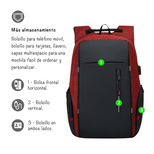 Imagen 5 de 10 de Mochila Antirrobo Urbana Impermeable Con Usb Laptop 15,6