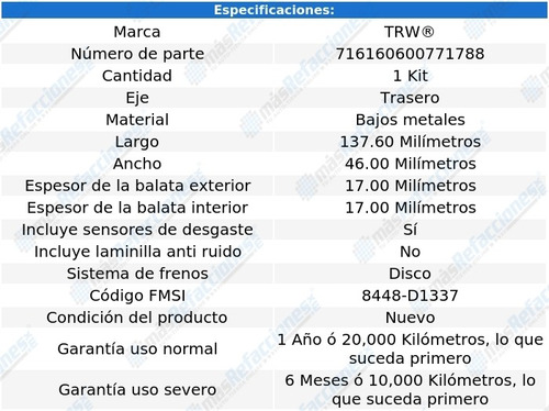 Balatas Bajos Metales Traseras Cadillac Srx 10-16 Trw