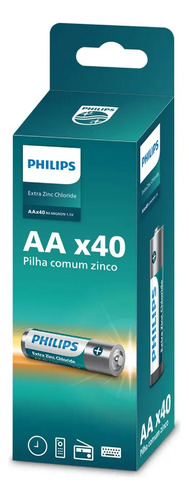 40 Pilhas Zinco Aa Philips Bateria Caixa C/40 Unidades