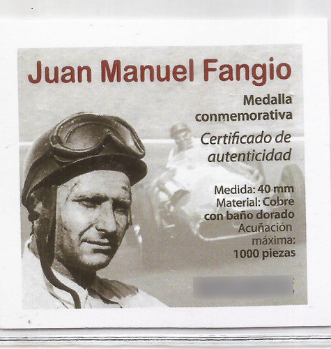 Juan Manuel Fangio Medalla 4 Cm Cobre Baño Dorado