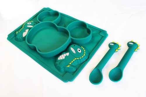 Plato Para Bebe De Silicon Con Cubiertos Dinosaurio