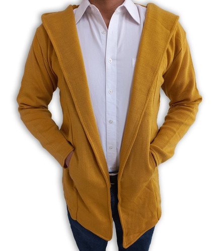 Suéter Largo Capa Saco Abrigo Mostaza Para Hombre Con Gorro