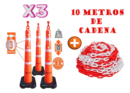 Kit X 3 Conos Vial Conoflex 120cm + 10 Mts De Cadena
