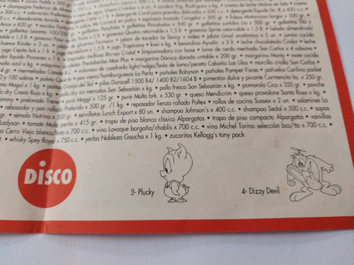 Antigua Publicidad 1990s Supermercado Disco Looney Tunes (Usado)