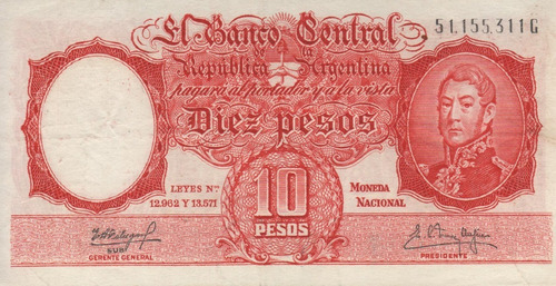 Bottero 1972 - Billete De 10 Pesos Mon. Nac. Año 1962 - Mb+