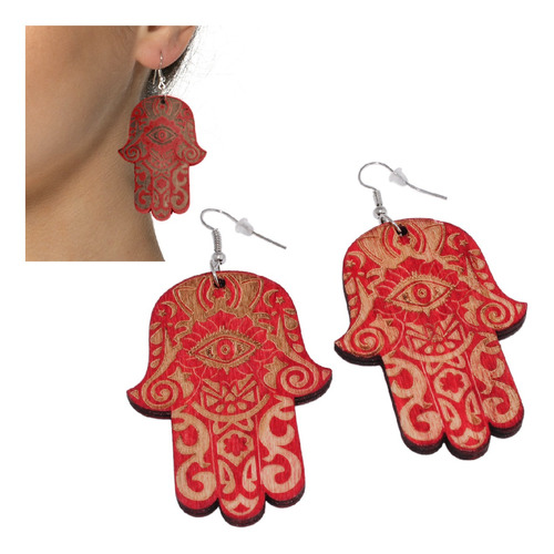 Aretes Mujer Jamsa Mano Fatima Madera Rojo