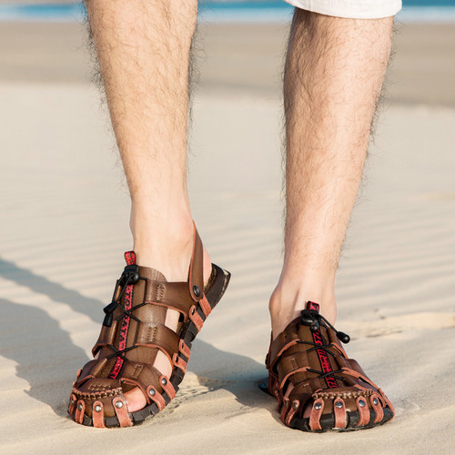 Sandalias De Playa Casuales De Cuero Con Punta Cerrada Para