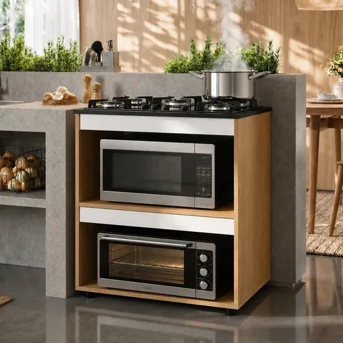Armário De Cozinha Para Fogão 4 Ou 5 Bocas Cooktop Com 2 Nichos Blue Moby Cor Nature/off-white