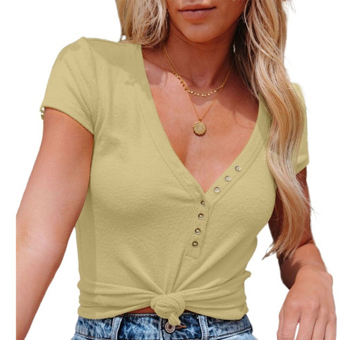 Playera Holgada Con Cuello En V Y Manga Corta Para Mujer, M