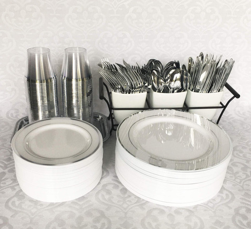 Juego De 300 Cubiertos De Plástico Reciclable Plateado
