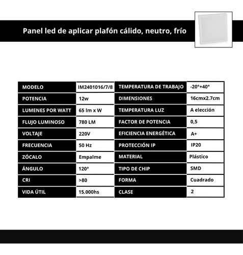 Panel Led Aplicar Cuadrado 12w Plafon Calido Neutro Frio