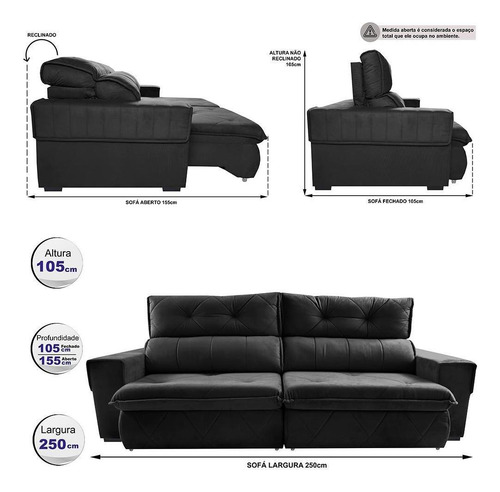 Sofá Retrátil Reclinável 2,50m Cama Inbox Tókio. Velusoft Cor Preto